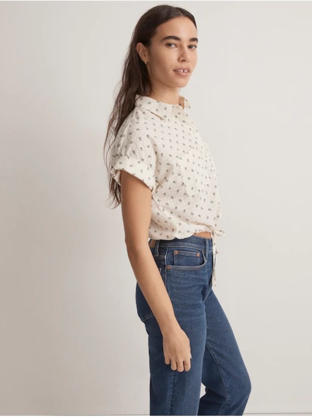 Madewell Cream Short-Sleeve Button-Front Tie-Hem Shirt with Tiny Print